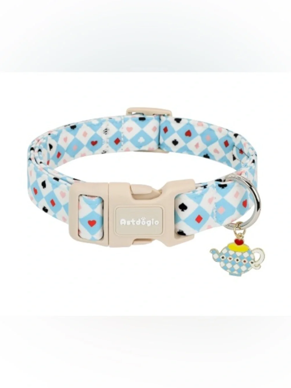 NEW-Small-Blue Diamond Pattern Pet Collar with Teapot Charm